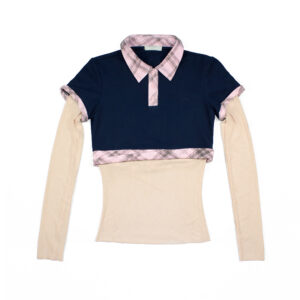 Keita Cropped Polo Mesh Top (Navy bue + Pink)